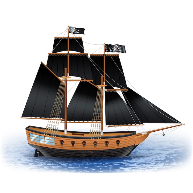 Free Vector  wooden pirate ship with black sails and jolly roger flag at sea