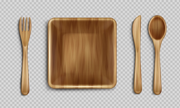 Free Vector wooden plate, fork, spoon and knife top view.