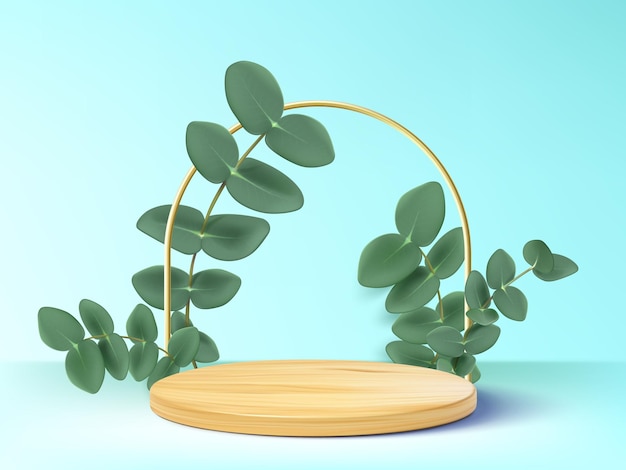 Free Vector wooden product podium with green leaf branches