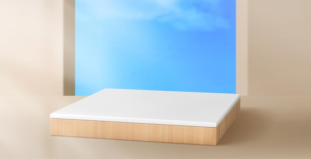 Free vector wooden product podium with sky outside window