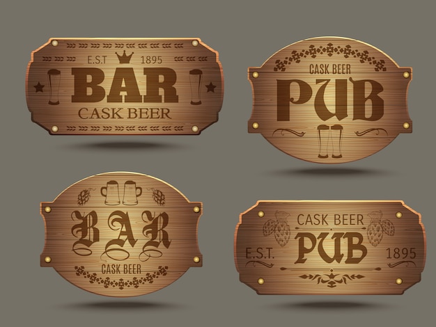 Free Vector wooden pub bar signs set