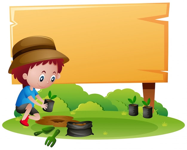 Wooden sign template with boy planting tree