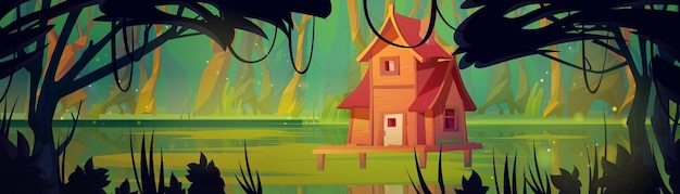 Wooden stilt house above swamp in forest vector