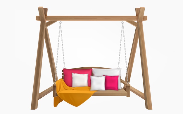 Wooden swing bench with pillows and blanket