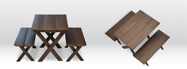 Free vector wooden table for picnic with benches on sides