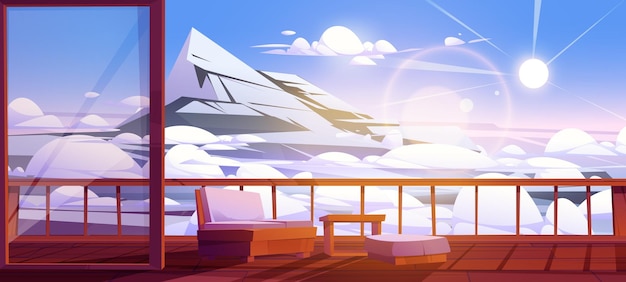 Free Vector wooden terrace view on mountain peaks above clouds