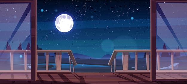 Free vector wooden terrace and view to pond at night