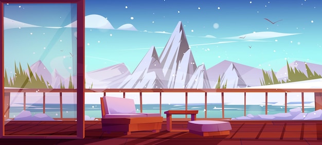 Free vector wooden terrace winter mountain and frozen lake