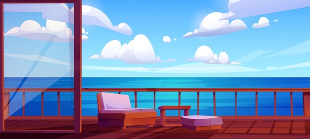 Wooden terrace with sea or ocean view background