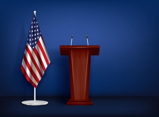 Wooden tribune with microphones and American flag illustration