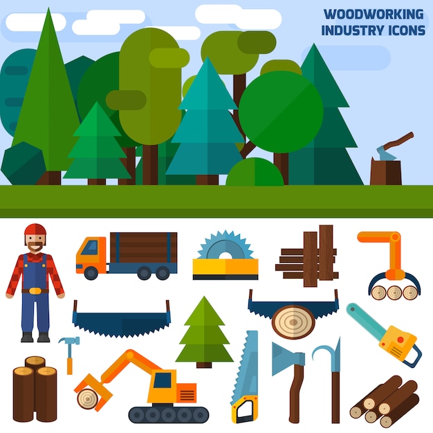 Free vector woodworking industry icons