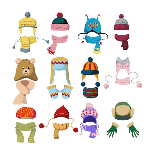 Free Vector woolen caps and scarves flat illustrations set