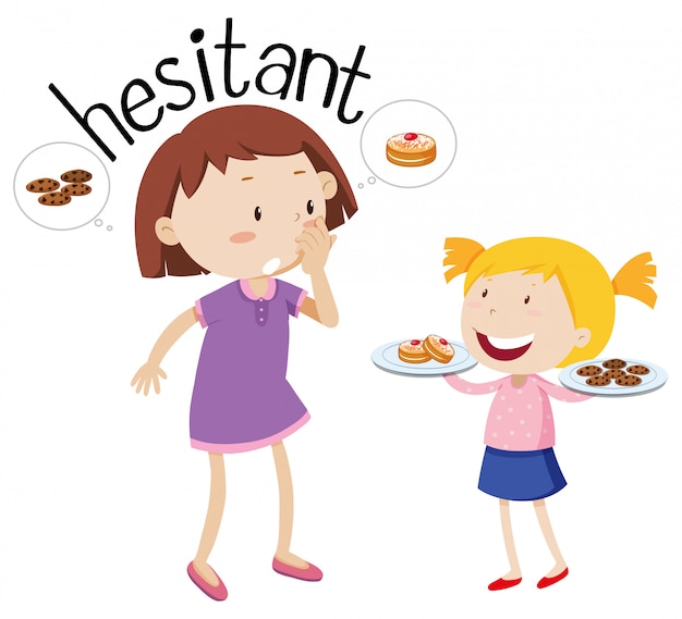 Free Vector word hesitant, mother and daughter characters