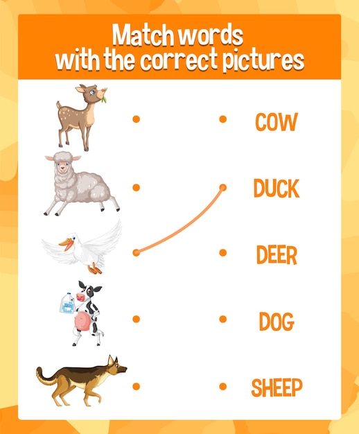 Word to picture matching animal worksheet for children