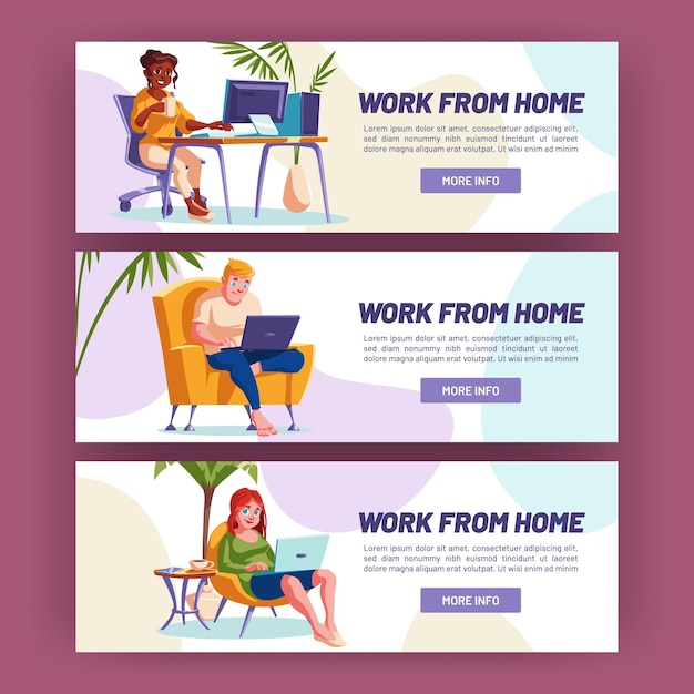 Free Vector work from home banners with people sitting in cozy chair with laptop vector horizontal posters of freelance remote online job with cartoon illustration of men and women in home office