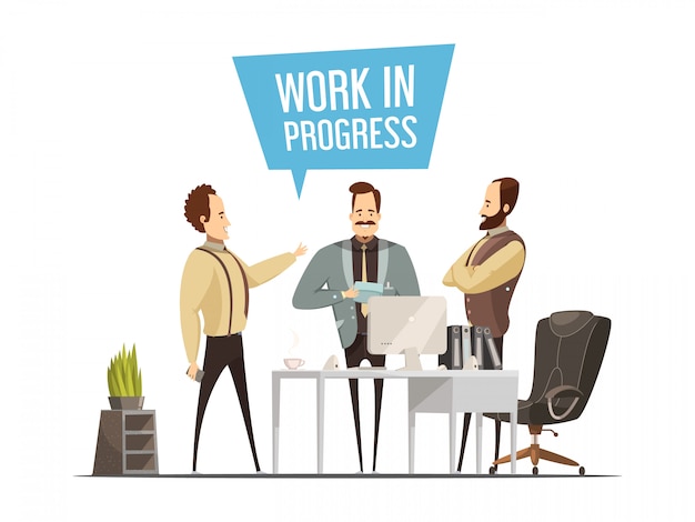 Free Vector work meeting design in cartoon style with standing men around office table during communication vect