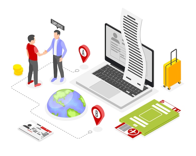 Free Vector work migration isometric composition with plane tickets suitcase and man leaving country for employment abroad vector illustration