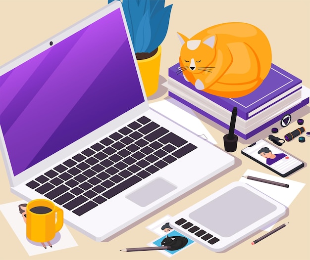 Free Vector work place isometric illustration with laptop tablet mobile phone and tools for making photo