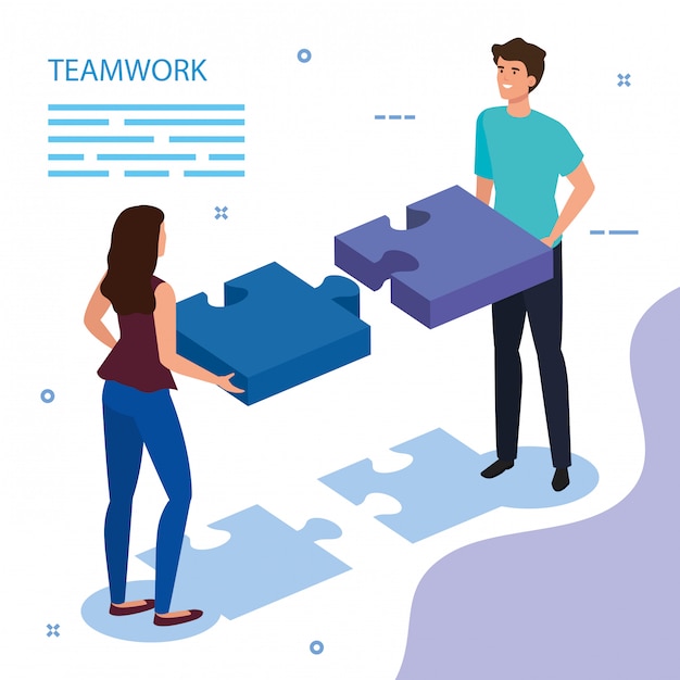 Work team couple with puzzle pieces