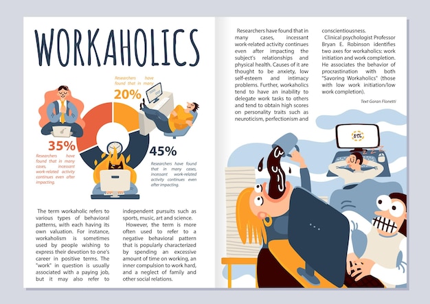 Workaholic magazine layout with office work symbols infographics flat