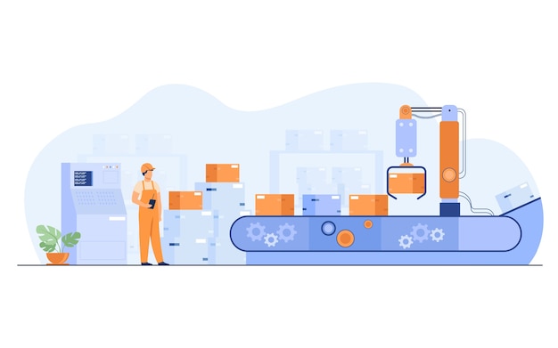 Free Vector worker watching conveyor with boxes isolated flat vector illustration. cartoon man standing in warehouse with automation process.