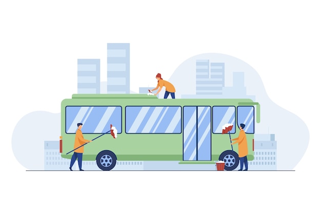 Workers cleaning and washing bus. Vehicle, detergent, work flat vector illustration. Service and public transport