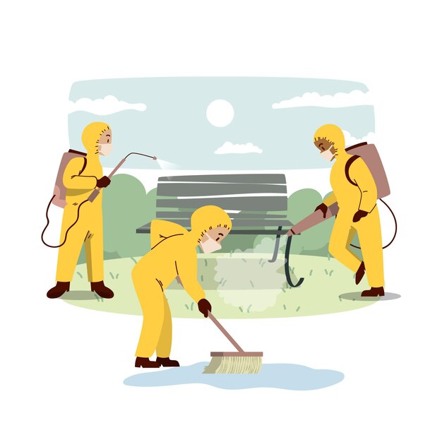 Workers disinfecting public spaces