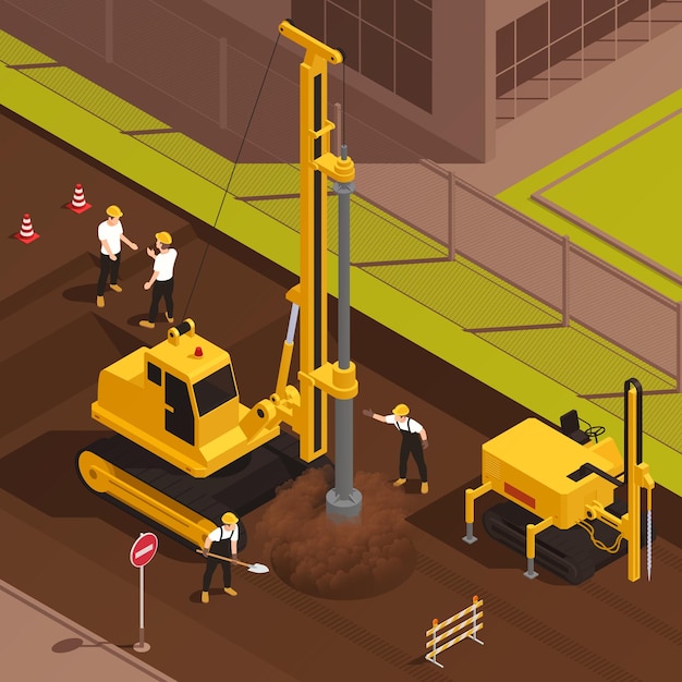 Free Vector workers drilling well on construction site in urban area 3d isometric vector illustration