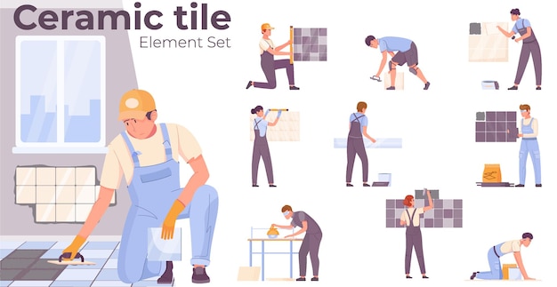 Free Vector workers laying ceramic tile floors and walls flat elements set isolated vector illustration