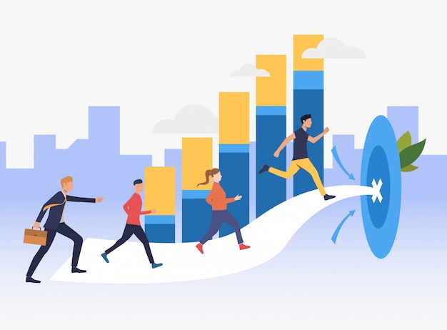 Free Vector workers running to target with bar chart in background