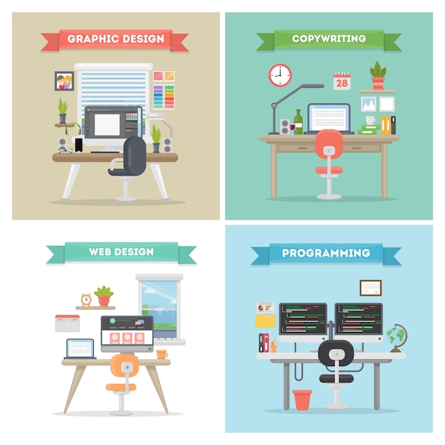 Working places set Programming and copywriting web and graphic design