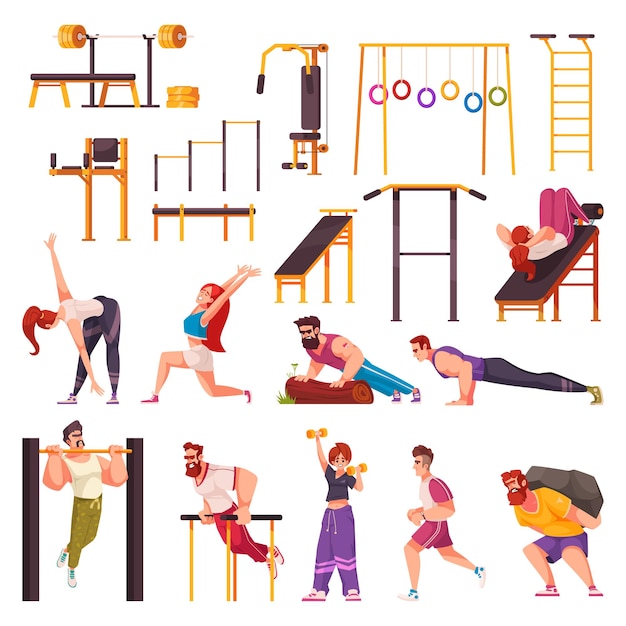 Free Vector workout cartoon icons set with outdoor sport accessories isolated vector illustration