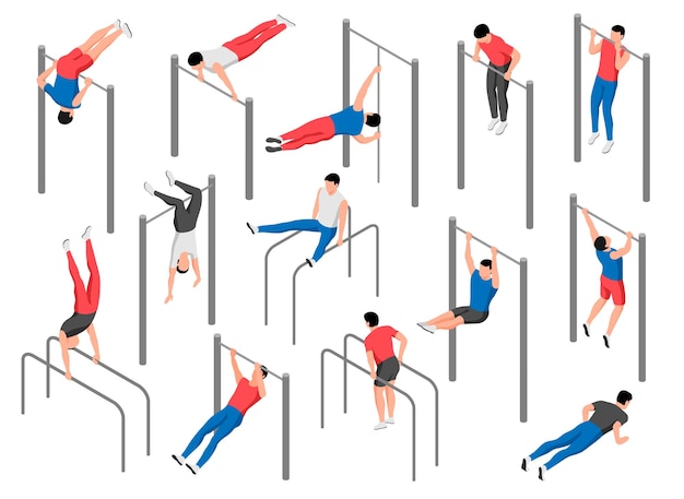 Free Vector workout isometric set with men doing push ups and pulls ups on bars isolated 3d vector illustration