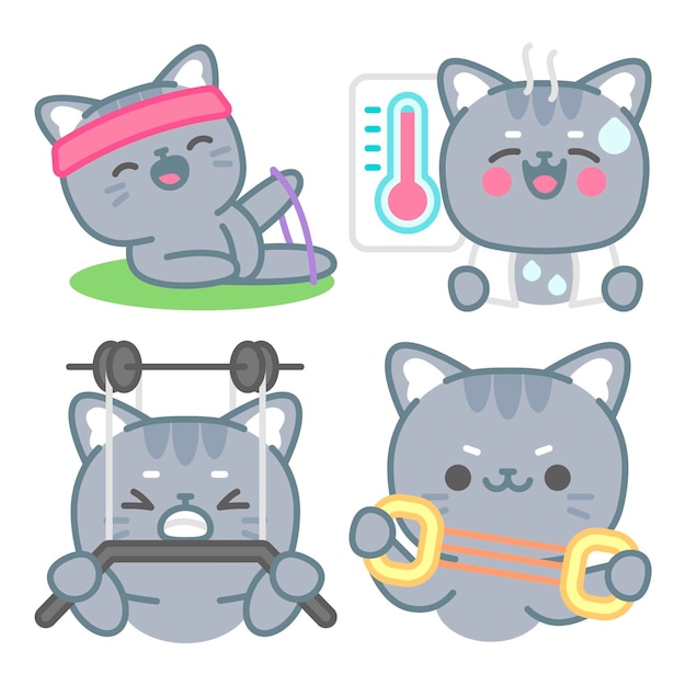 Free Vector workout stickers collection with tomomi the cat