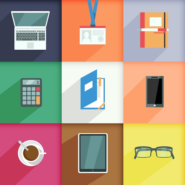 Workplace elements set with computer pass notebook calculator isolated vector illustration