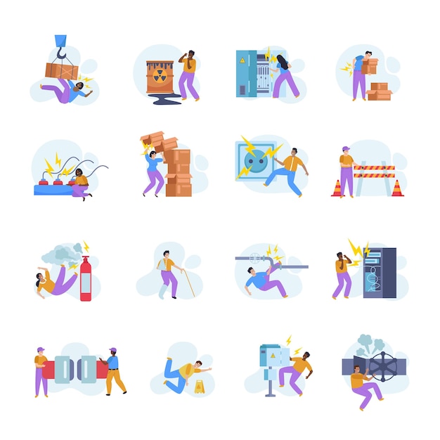 Free Vector workplace safety flat icons set with human characters having various accidents and getting injuries at work isolated vector illustration