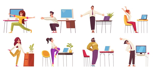 Free Vector workplace stretches cartoo icons set with people having exercises in office isolated vector illustration