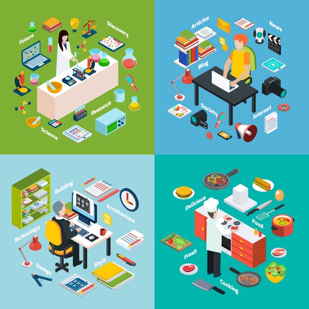 Workplaces Professions 2x2 Isometric Compositions