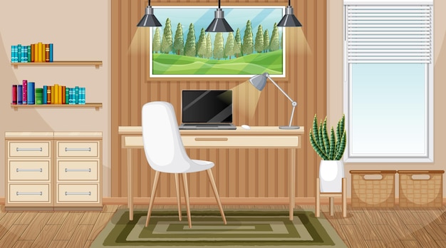 Free Vector workroom scene with a laptop on the table