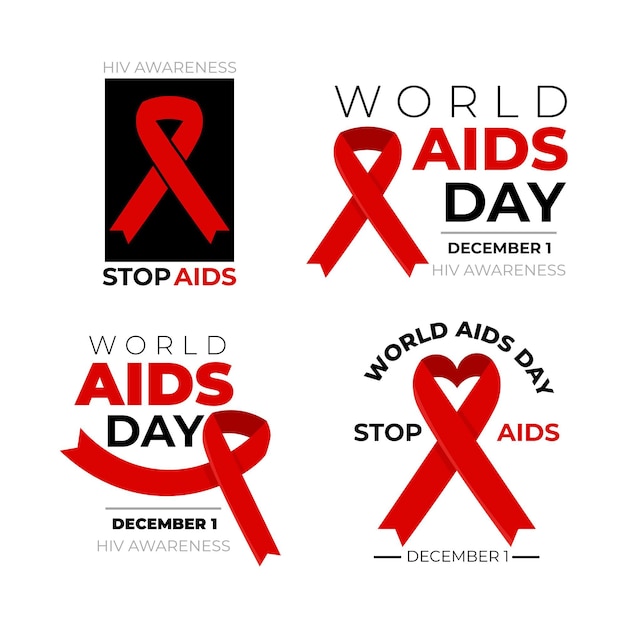 Free vector world aids day badges pack with red ribbons