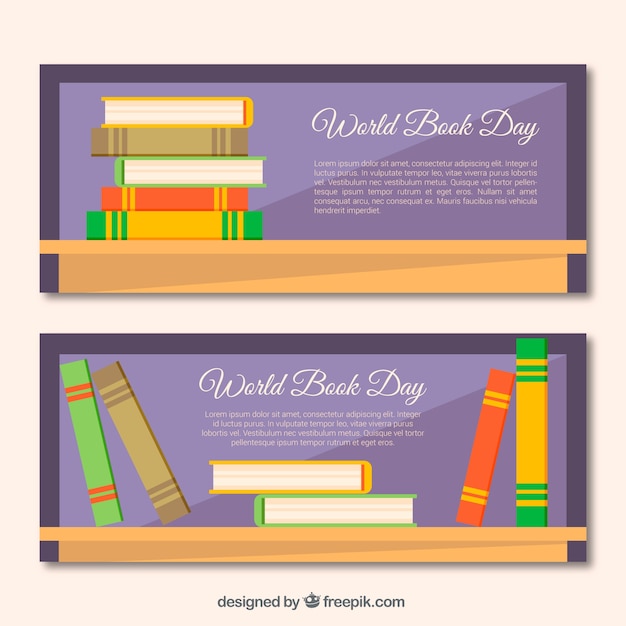 Free Vector world book day banners with colored books in flat design