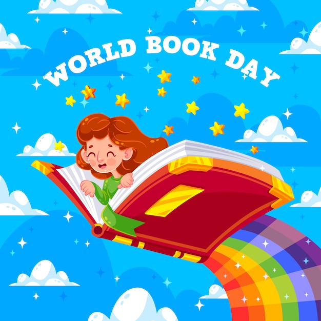 World book day and girl flying on rainbow