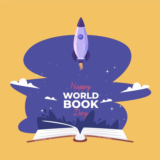 World book day illustration with rocket and book