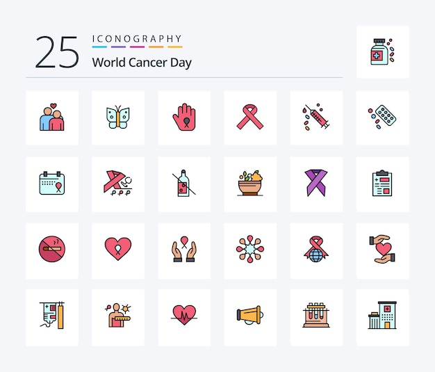 World Cancer Day 25 Line Filled icon pack including awareness hand freedom stop cancer