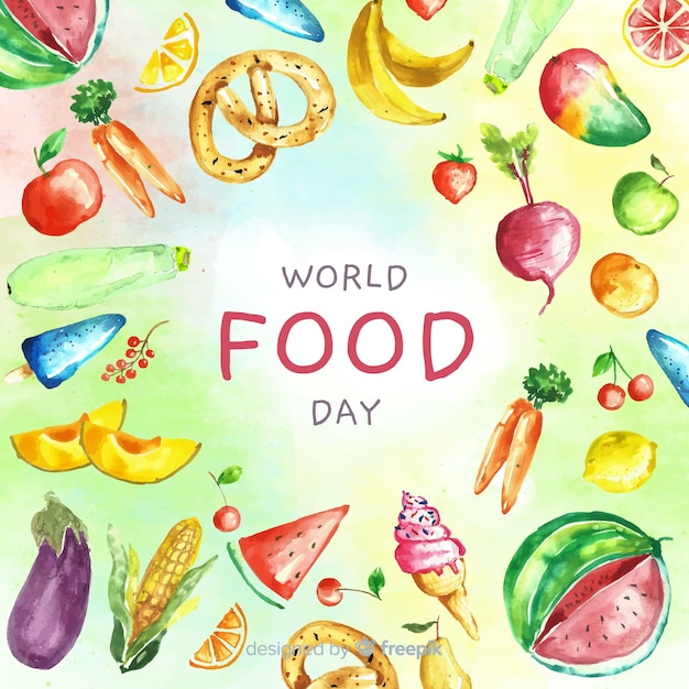 World food day text surrounded by aliments