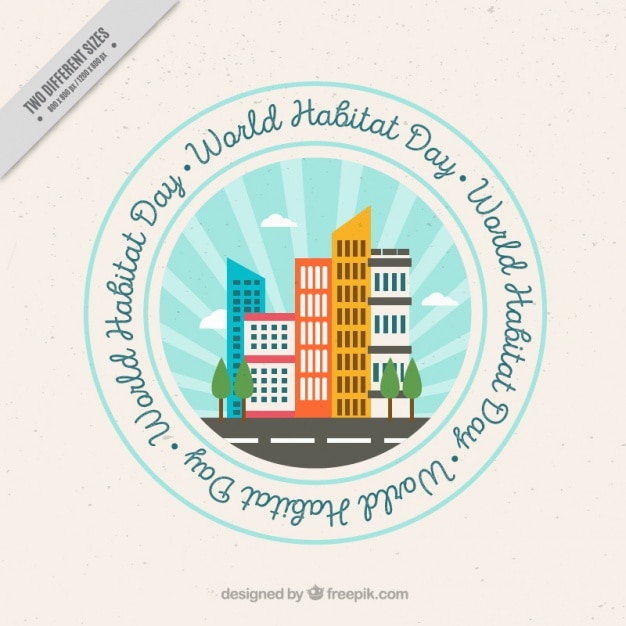 Free vector world habitat day background of badge with skyscrapers