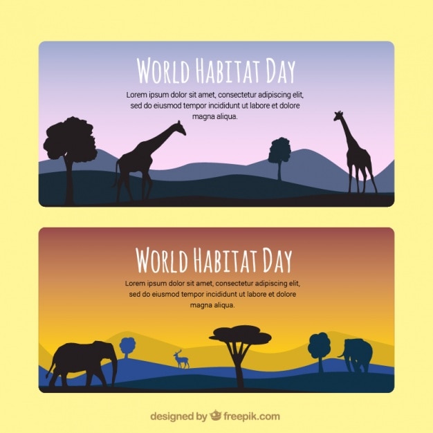 Free Vector world habitat day landscape banners with african animals