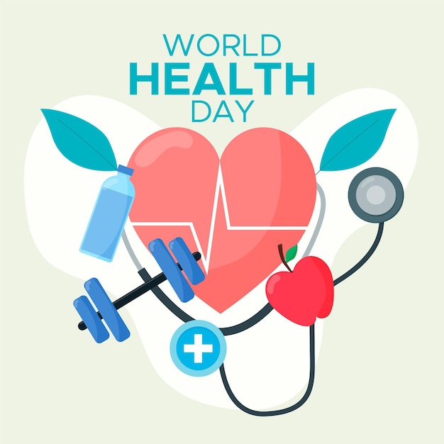 World health day illustration with heart and dumbbell