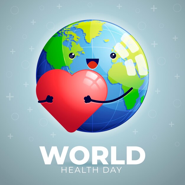 World health day with cute planet holding heart