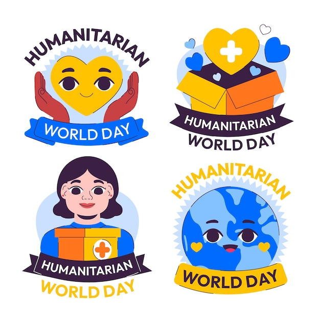 World humanitarian day hand drawn flat labels set